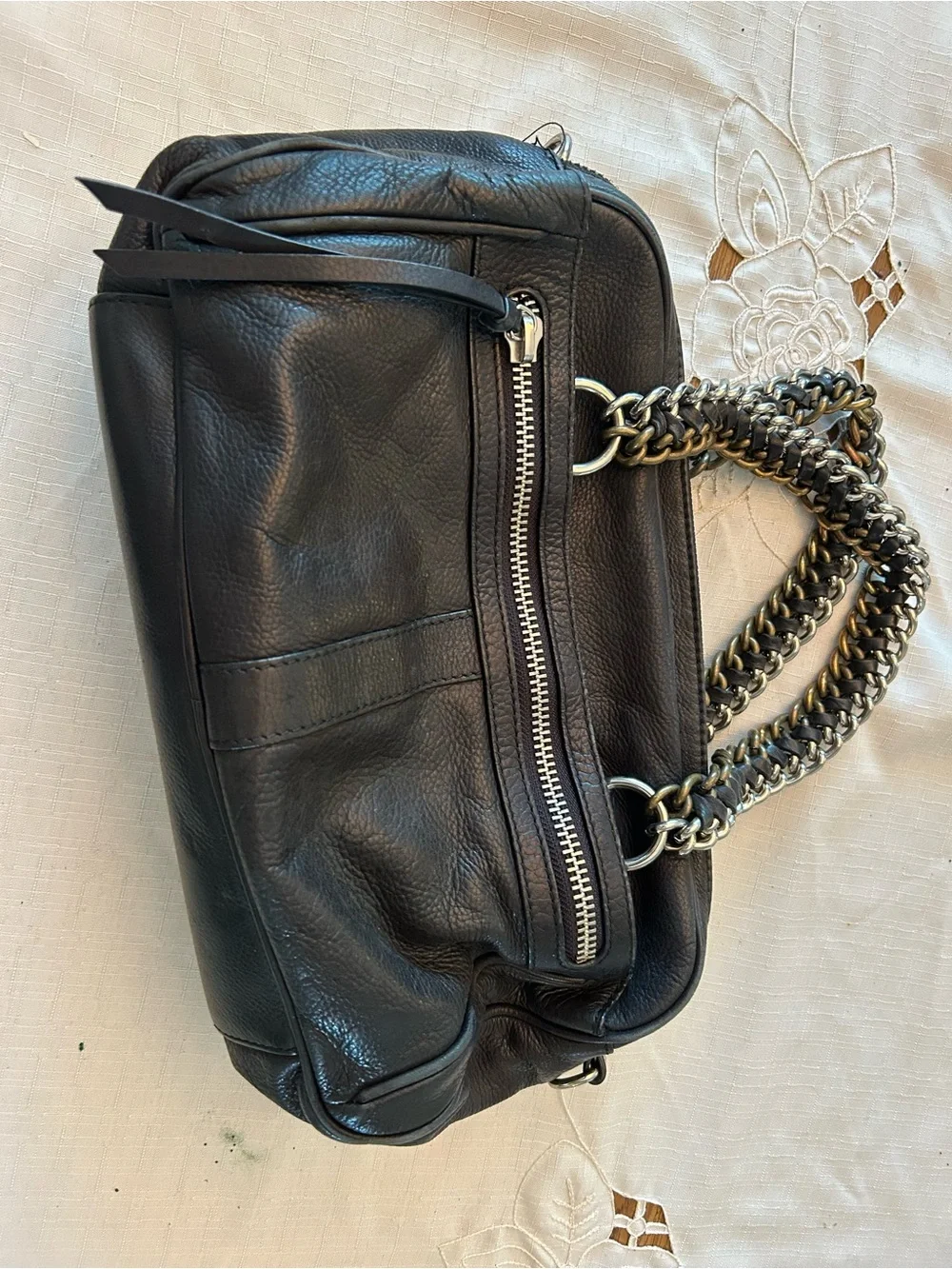 Pour La Victoire Black Leather Satchel with Chain Handles